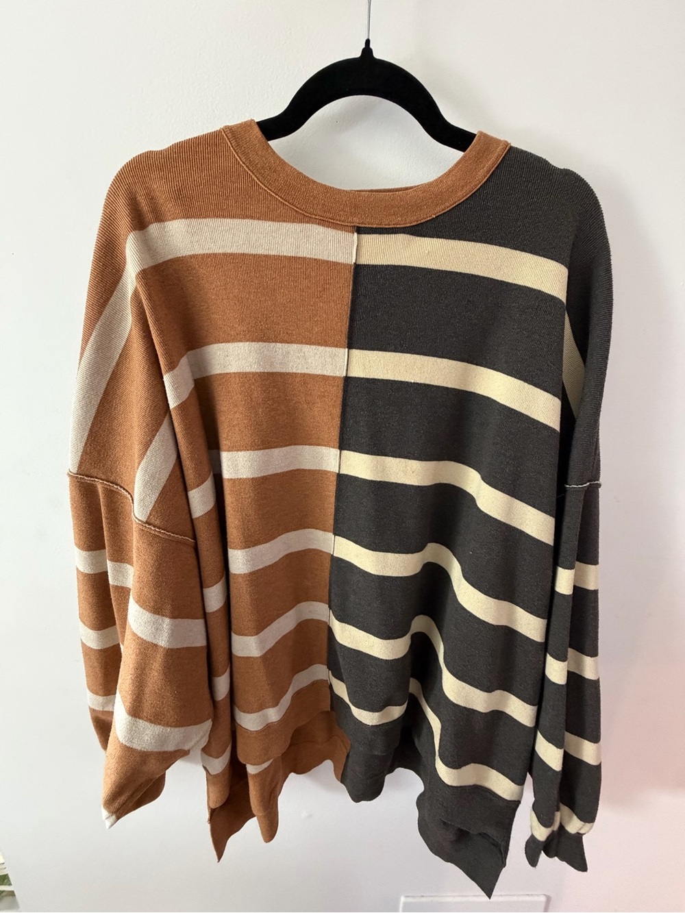 Free People Two-Tone Striped Crewneck Sweater in Brown and Charcoal